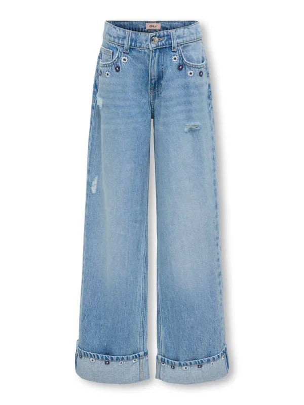 Kids Only Mimi HW Wide Fold Up Jeans - Light Blue Denim
